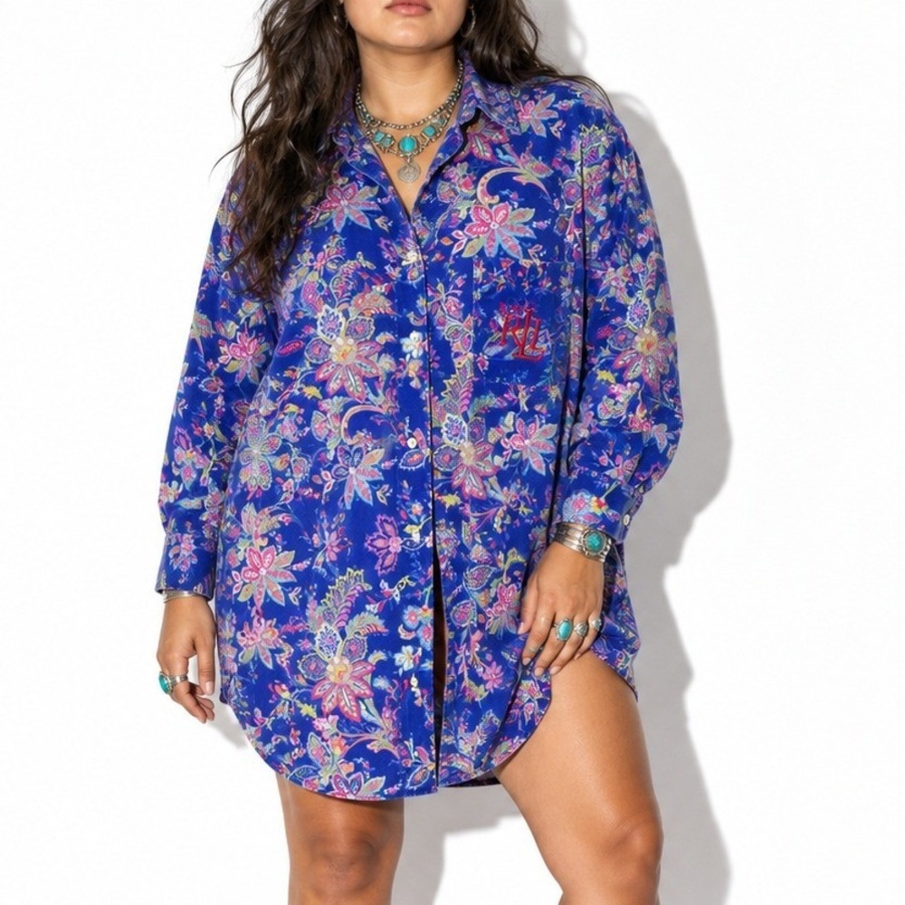 Lauren Ralph Lauren Floral Paisley Sleep Shirt Dress Womens L Blue Long Sleeve